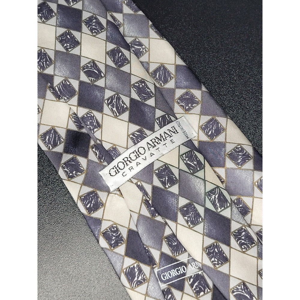 Giorgio Armani Cravatte Tie Grey Blue Diamond Geometric 100% Silk Made in Italy